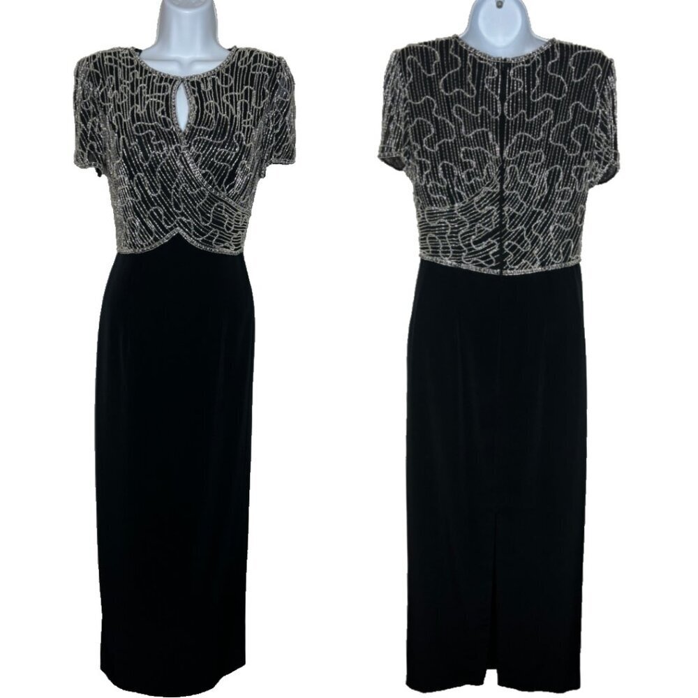 Vtg Montage by Mon Cheri Sz 6 Abstract Beaded Pattern Evening Gown, Black(1561